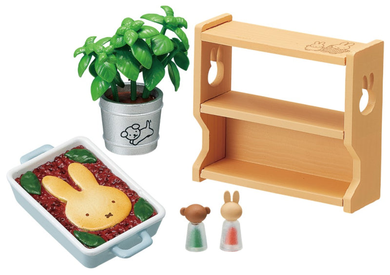 Miffy Natural Kitchen Re-ment Blind Box Series featuring a wooden rack, toy plant, casserole with rabbit loaf, and animal-topped shakers.