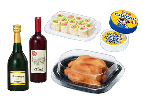 Assorted grocery-themed items from the Members-only discount store COW'S MART Re-ment Blind Box Series, featuring champagne, wine, sushi, rotisserie chicken, and processed cheese.