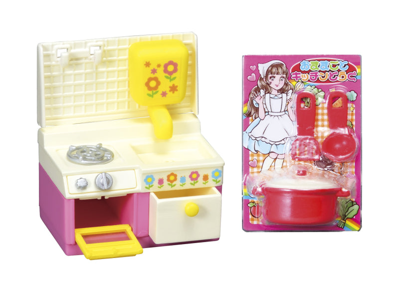 Showa Retro Memories My Room Re-ment Blind Box Series featuring a pretend-play kitchen set with a stove, sink, and packaged toy cooking kit.
