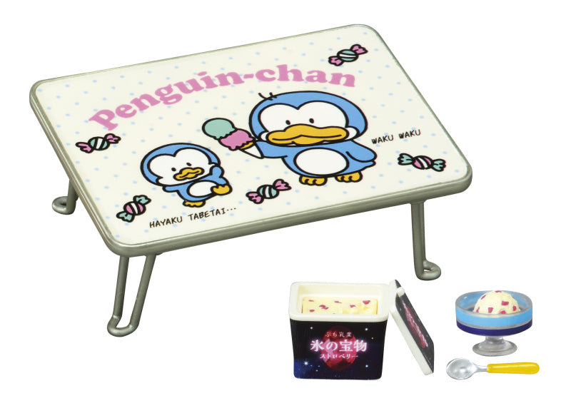 Showa Retro Memories My Room Re-ment Blind Box Series features a penguin-themed tabletop with ice cream miniatures, part of an 8-design collectible set.