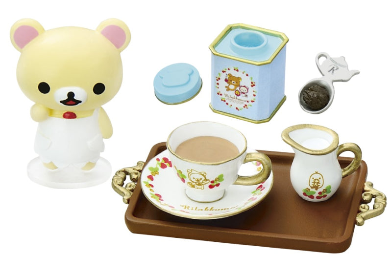 Rilakkuma Longing British Tea Time Re-ment Blind Box Series featuring a toy bear with a tea set, showcasing one of the 8 collectible designs.