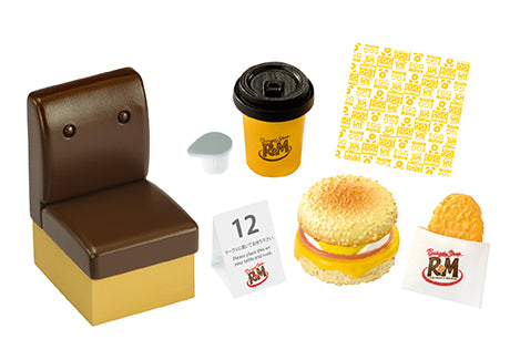 Burger Shop R&M Re-ment Blind Box Series featuring a toy chair, burger, coffee cup, and a card, highlighting collectible miniature designs.
