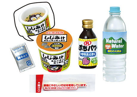 Puchi Sample Light Dinner Re-ment Blind Box Series featuring miniature convenience store food items like bottles, containers, and a soup cup with a cartoon character.