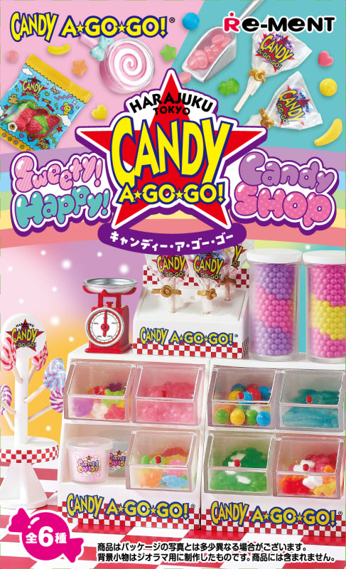 Sweety! Happy! Candy SHOP CANDY A☆GO☆GO! Re-ment Blind Box Series featuring colorful candy designs in a playful display, perfect for collectors of art toys.