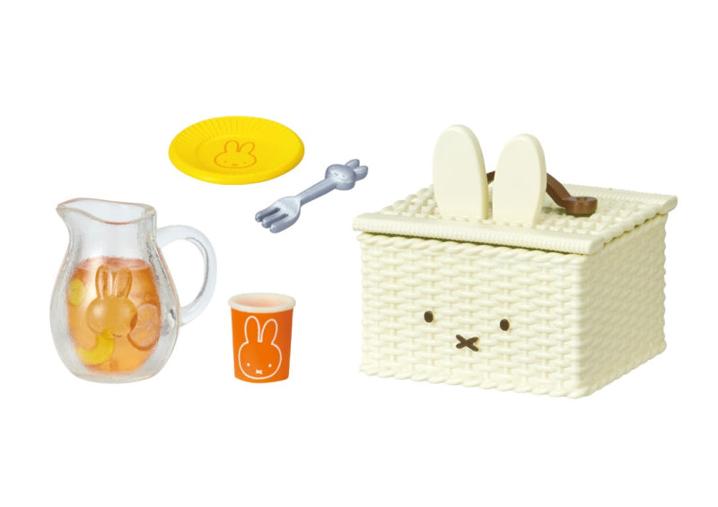 Picnic with Miffy Re-ment Blind Box Series featuring a toy picnic basket, rabbit-themed pitcher, cup, fork, bunny box, and plate.