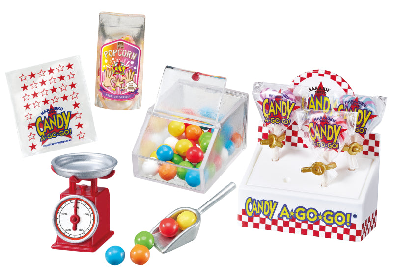 Sweety! Happy! Candy SHOP CANDY A☆GO☆GO! Re-ment Blind Box Series featuring candy-themed toys, scoop, and scale, alluding to six collectible designs.
