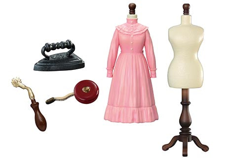 Grandma's Sewing Room Re-ment Blind Box Series: A pink dress on a mannequin, vintage tools like a sad iron, curling iron, and call button in a nostalgic still-life.