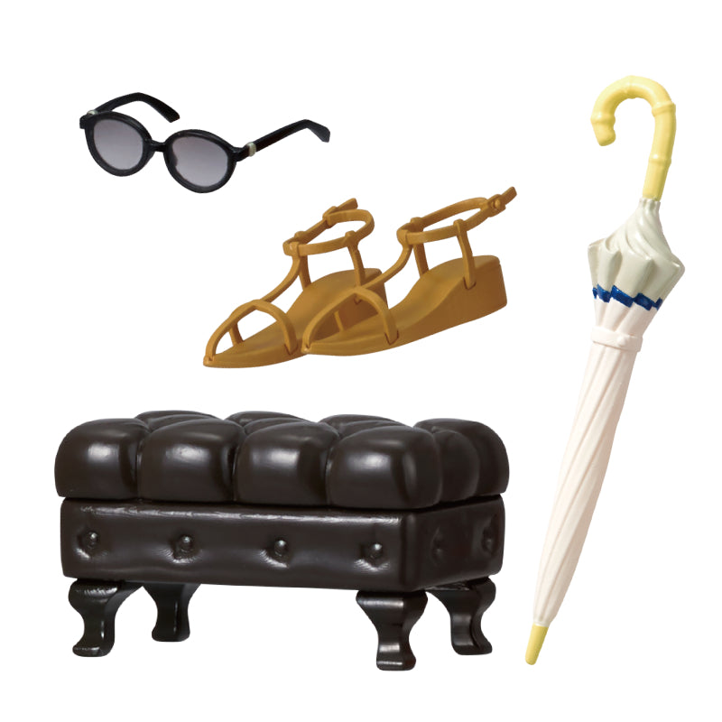 My Sweet Closet Re-ment Blind Box Series featuring sunglasses, sandals, umbrella, and ottoman, highlighting diverse miniature designs from Strangecat Toys.