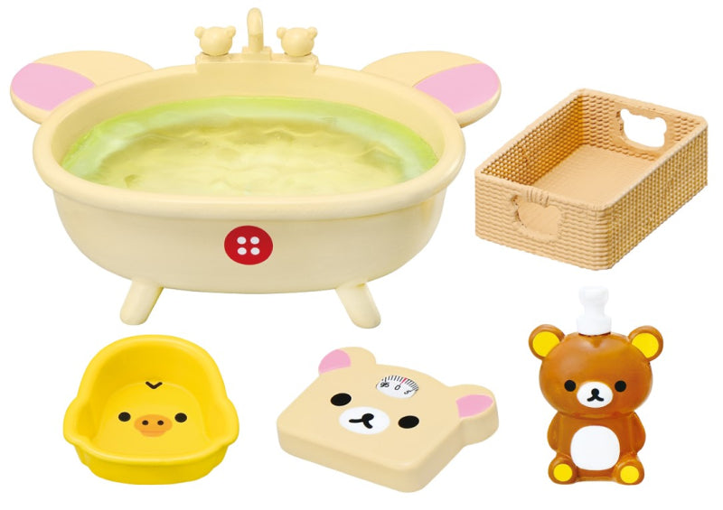 Feel refreshed in the Rilakkuma room Re-ment Blind Box Series featuring a yellow toy bathtub with a cartoon face, part of a 6-design collection.