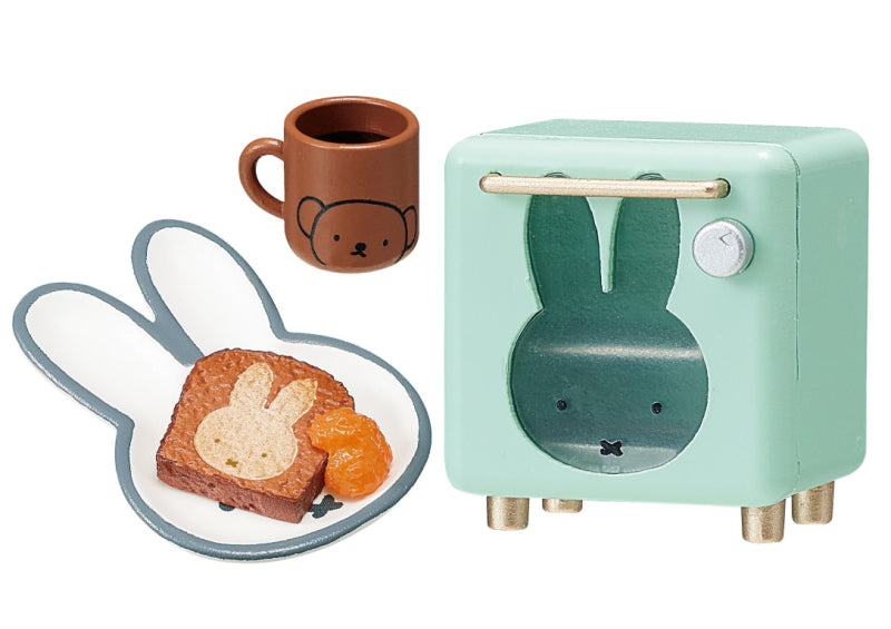 Miffy Natural Kitchen Re-ment Blind Box Series toy oven with bunny plate and bear mug, part of an 8-design play kitchen set collection.