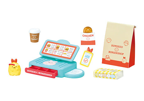 Sumikogurashi Burger Shop Re-ment Blind Box Series, featuring a toy cash register with cartoon characters and a menu, part of an 8-design collection.