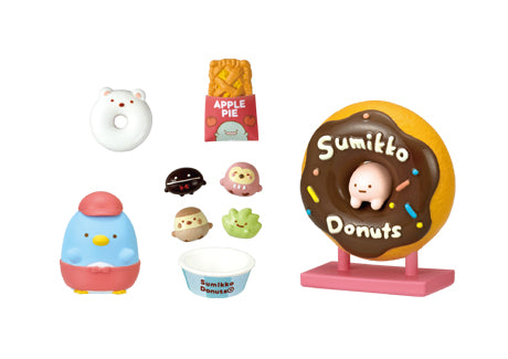 Freshly Fried Sumikko Donuts Re-ment Blind Box Series featuring mini collectible donuts styled as Sumikko Gurashi characters, including Shirokuma, Tokage, and Neko.