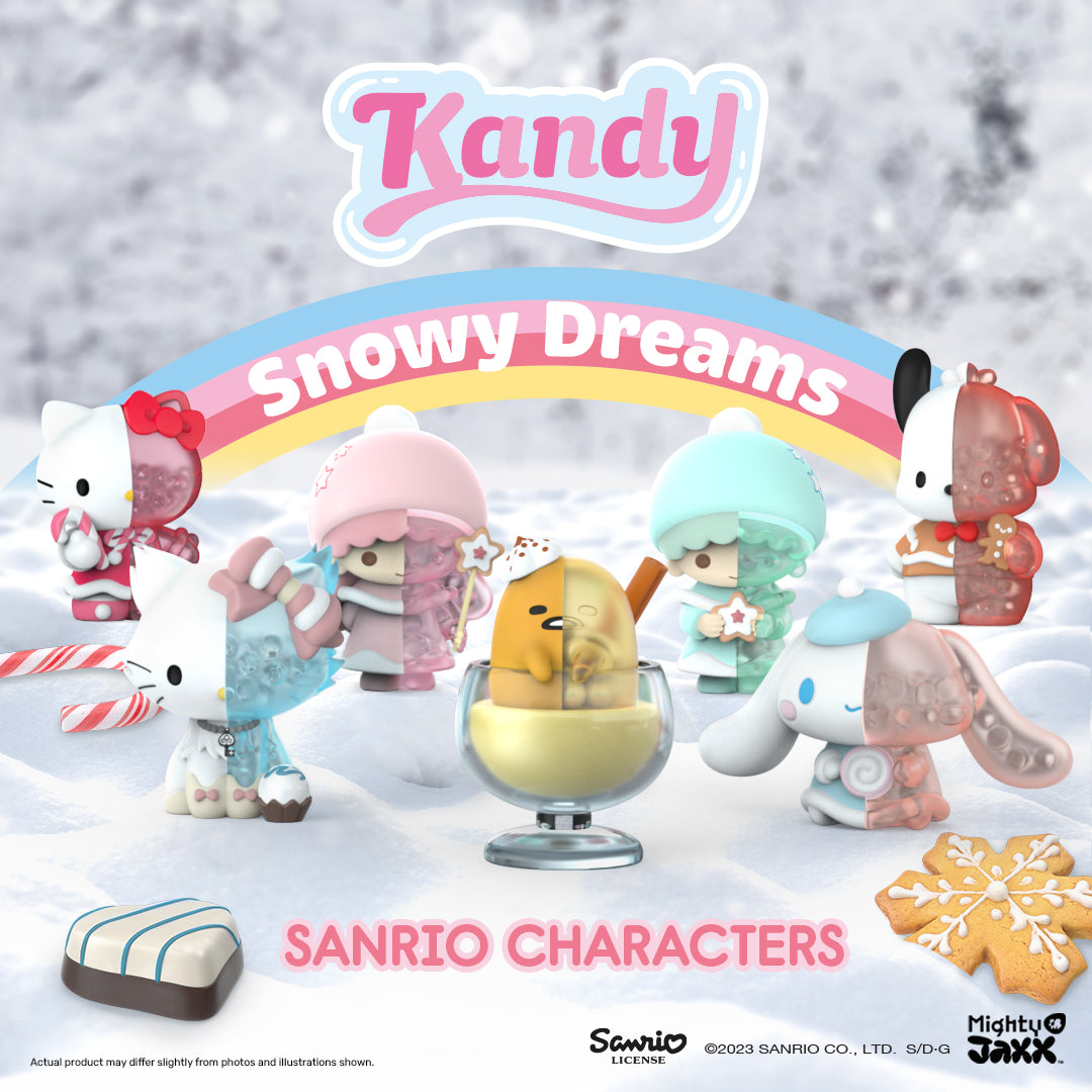 Freeny's Hidden Dissectibles x Sanrio Snowy Dreams: Cartoon characters with winter treats in a toy collection.