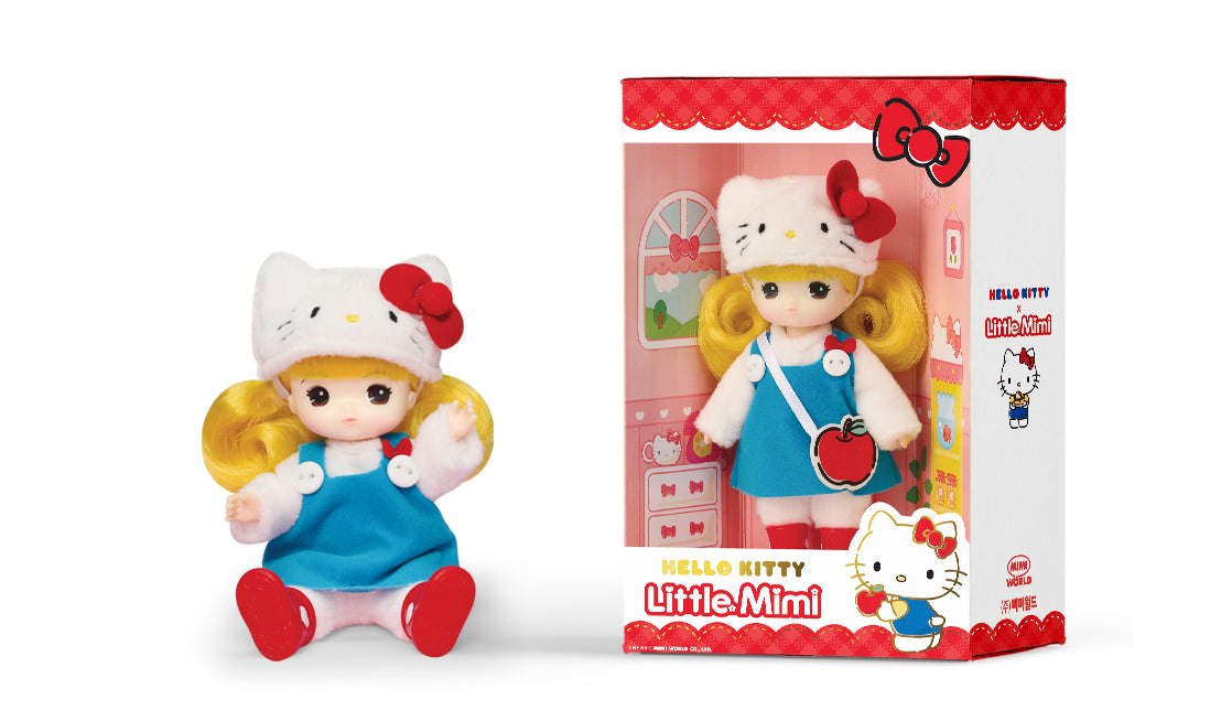 Sanrio x Little Mimi toy doll in box, featuring a hat and dress, available for preorder; ships May 2025.