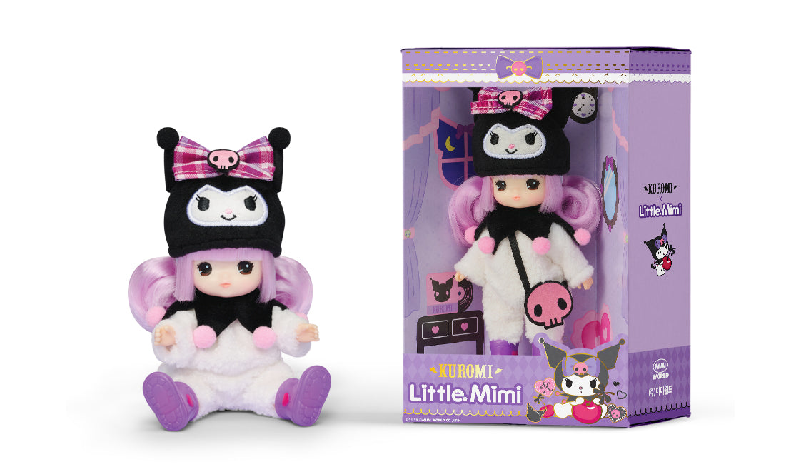 Sanrio x Little Mimi doll with purple hair and hat, boxed for preorder, shipping May 2025. Ideal for collectors of unique art toys.