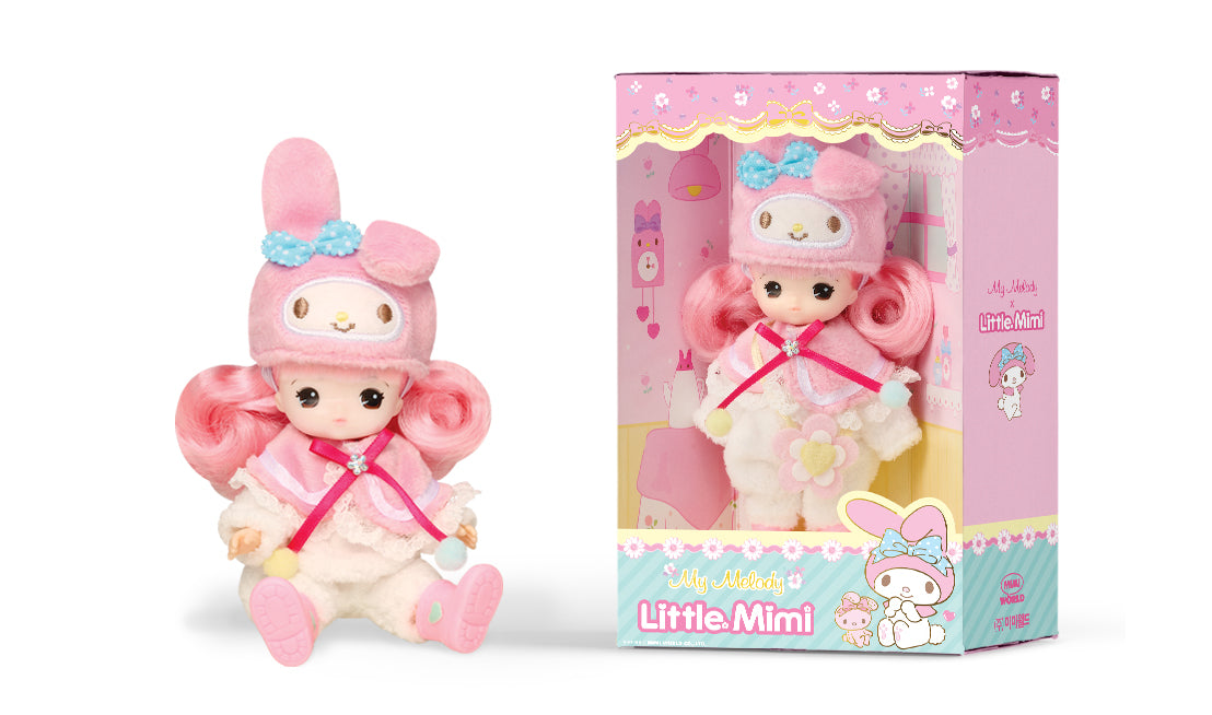 Sanrio x Little Mimi - Preorder toy doll in a box, featuring a cartoon design with pink hair and a hat, available from Strangecat Toys.