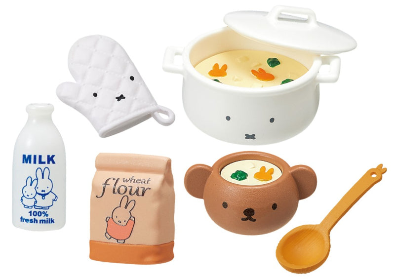 Miffy Natural Kitchen Re-ment Blind Box Series: miniature kitchen set with bunny-themed milk bottle, oven mitt, flour bag, cooking pot, bear bowl, and spoon.
