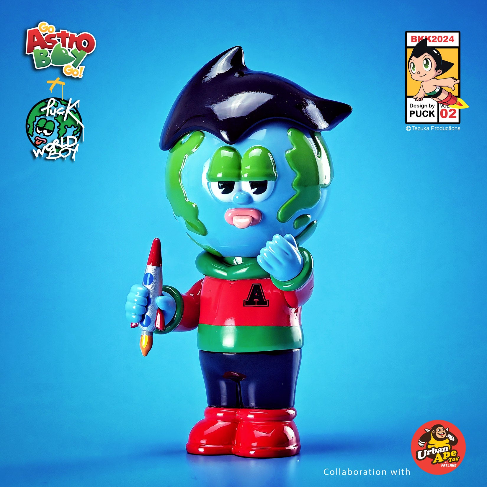 ASTRO BOY GO edition toy by PUCK x Urban Ape, featuring a vinyl figurine holding a rocket, limited to 60 pre-order pieces.