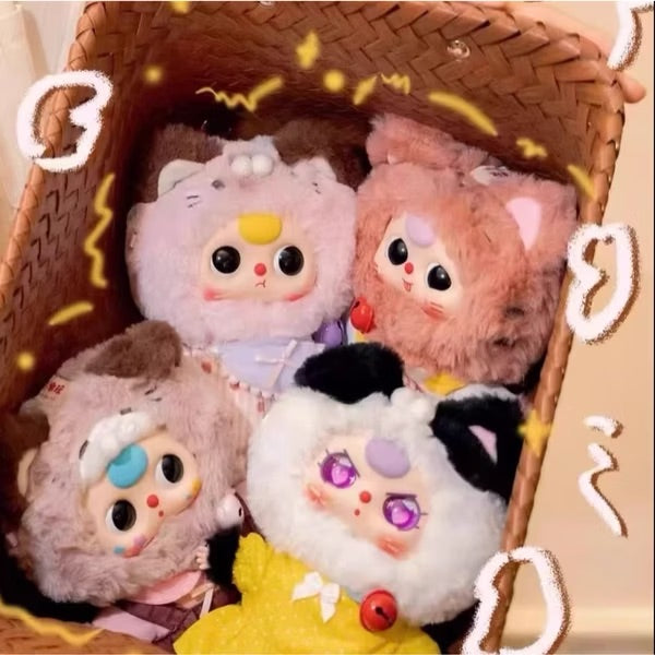 Baby Three Kitten Wardrobe Keychain Plush, part of a 12-design series, displayed as a soft, collectible accessory ideal for art toy enthusiasts.