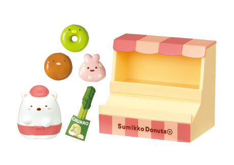Freshly Fried Sumikko Donuts Re-ment Blind Box features a kawaii donut shop playset with mini donut figures and Shirokuma in a server outfit.