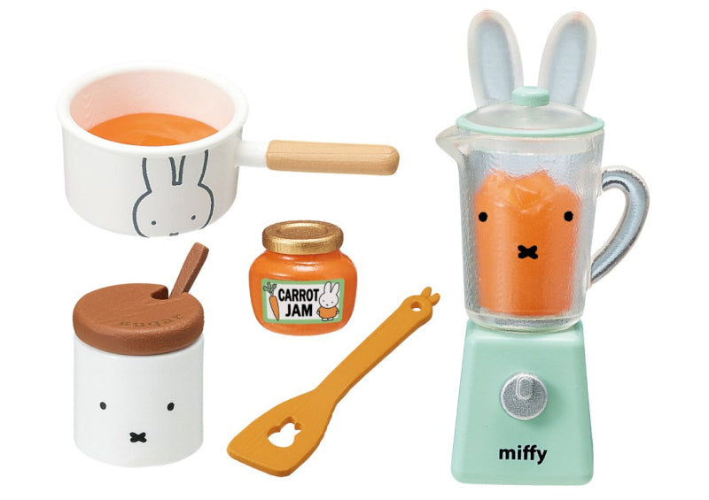 Miffy-themed play cookware set, featuring a saucepan, blender, spice pot, and carrot jam jar, from the miffy Natural Kitchen Re-ment Blind Box Series.