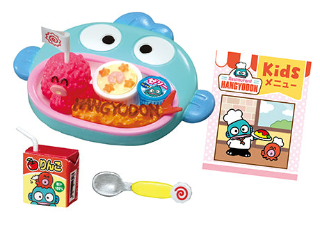Family Restaurant Hangyodon Re-ment Blind Box Series features a play-meal set with themed dishes, juice carton, and a kids' menu leaflet.