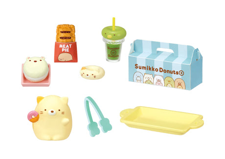 Freshly Fried Sumikko Donuts Re-ment Blind Box Series featuring a playset with a take-out box, donut figures, a cat with a pink donut, and accessories.