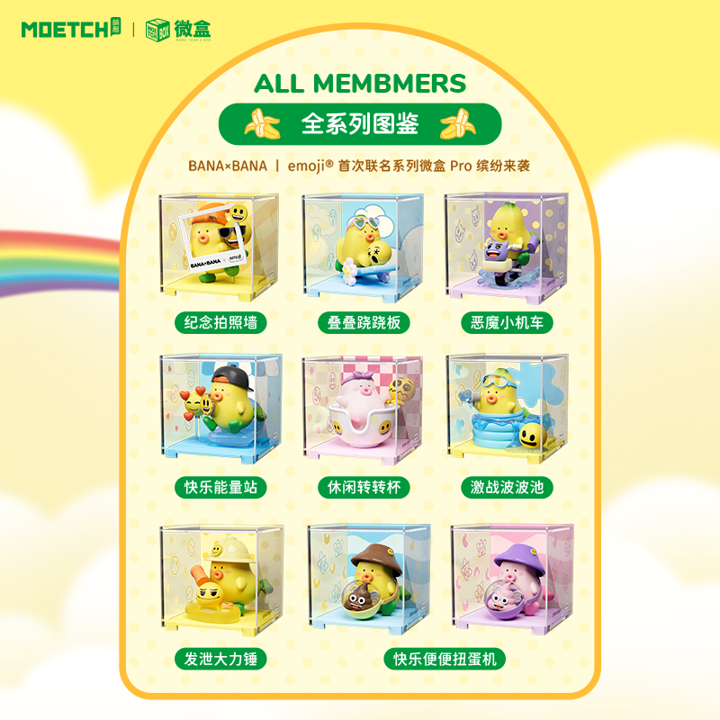 Poster displaying the BANA×BANA丨emoji Playground Micro Box Pro Blind Box Series, featuring various toys in clear and glass cases.