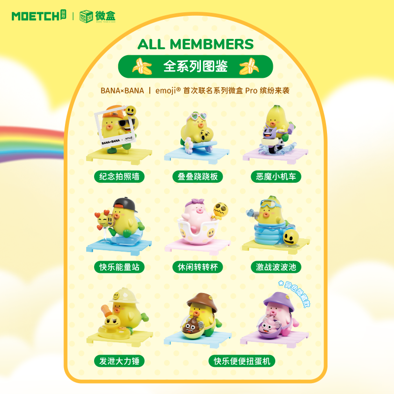 Poster featuring cartoon characters from the BANA×BANA emoji Playground Micro Box Pro Blind Box Series, showcasing a variety of toy figurines.