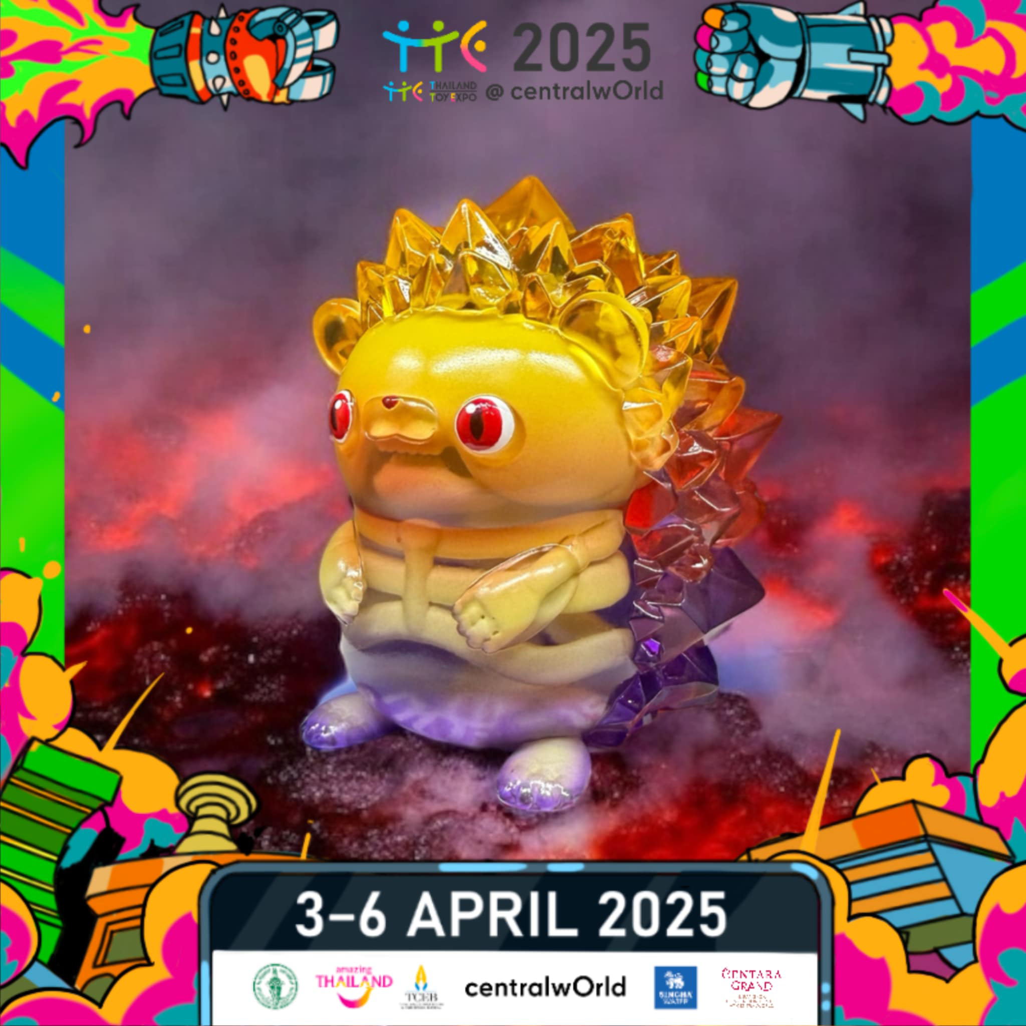 Hogkey Skeleton by Tangent Toy: A limited edition 8cm resin figurine of a yellow and purple hedgehog, detailed in an animated, graphic design style.