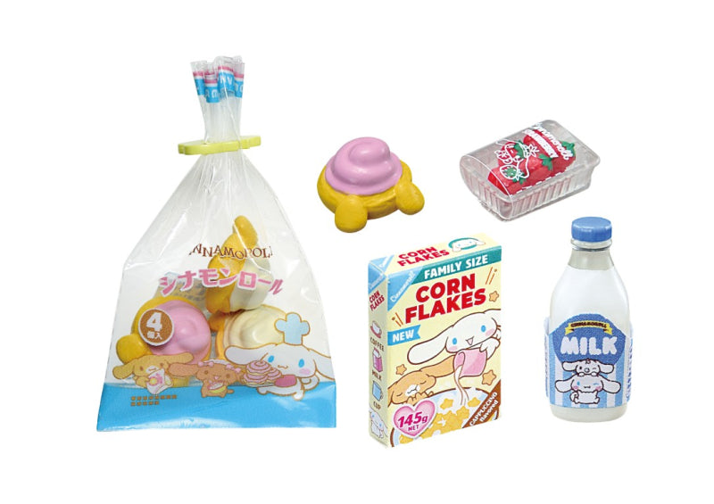 Cinnamoroll Market Re-ment Blind Box Series featuring tiny food replicas: cinnamon rolls, strawberries, Corn Flakes, and milk, each adorned with Cinnamoroll motifs.