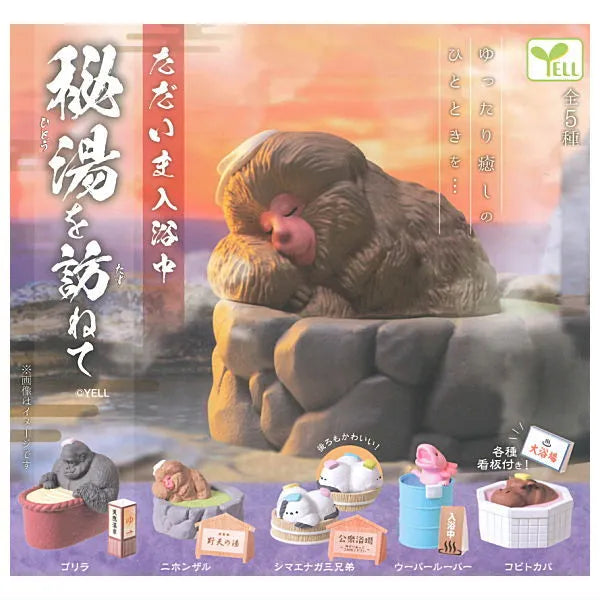 I'm currently bathing. Visiting a secret hot spring. Gacha Series features five animal figures enjoying tiny Japanese hot springs, each in unique tubs.