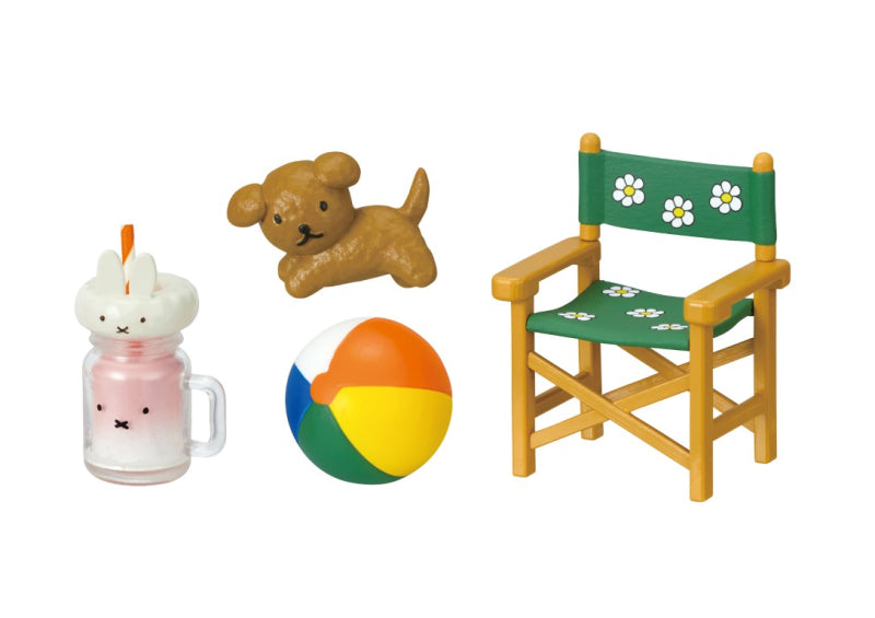 Picnic with Miffy Re-ment Blind Box Series featuring a chair, beach ball, bunny-topped jar, and dog toy, part of a 6-design set.