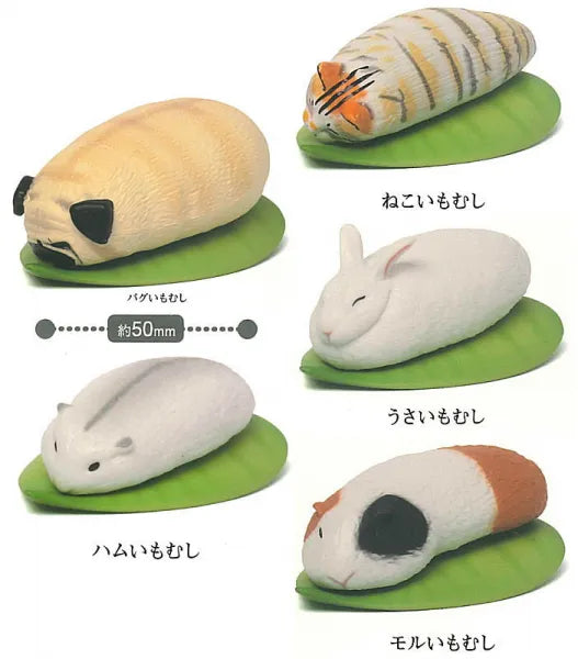 Very small Caterpillar animal Gacha Series features five chubby, tuber-shaped animal figures on green leaf bases, inspired by caterpillars and available in random selections.