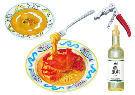 Small street corner trattoria Re-ment Blind Box Series featuring two soups, a bottle of “Vino Bianco” wine, and a corkscrew, highlighting diverse dining designs.