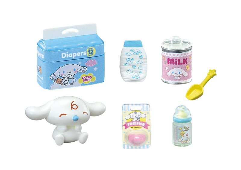 Cinnamoroll Market Re-ment Blind Box Series: Includes mini diaper box, milk can with spoon, baby bottle, pacifier, and a Cinnamoroll puppy figure.