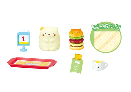 Sumikogurashi Burger Shop Re-ment Blind Box Series featuring toy designs resembling burgers, offering a complete set of eight collectible figures.