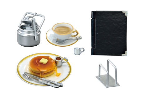 Marufuku Coffee Shop Re-ment Blind Box Series: A still-life with tiny kettle, coffee, notebook, pancakes, and toast rack, showcasing six collectible miniature designs.