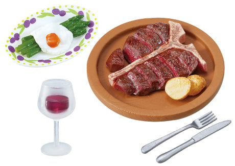 Small street corner trattoria Re-ment Blind Box Series featuring a T-bone steak dinner, asparagus with hollandaise, and red wine on a wooden platter.