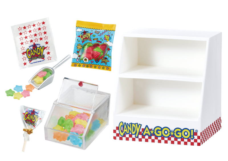 Sweety! Happy! Candy SHOP CANDY A☆GO☆GO! Re-ment Blind Box Series featuring six collectible candy-themed miniature designs, displayed on a white shelf.