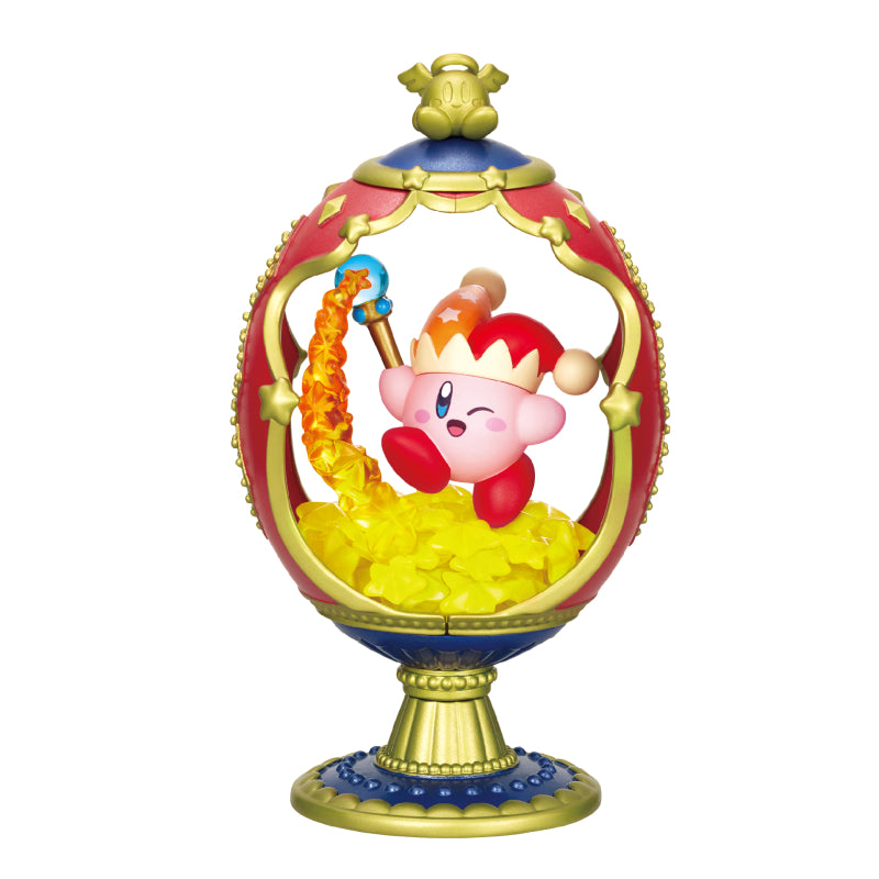 Kirby of the Stars Ovaltique Collection figurine, featuring Kirby with a jester hat and magic staff, encased in an ornate egg-shaped frame.