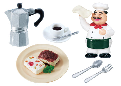 Small Street Corner Trattoria Re-ment Blind Box: Stovetop espresso maker, espresso cup, tiramisu, creamy dessert, smiling chef figurine, spoon, and fork.