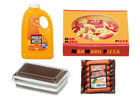 Four packaged items from COW'S MART Re-ment Blind Box Series include Ponkan Nectar, Manmaru Pizza, layered chocolate dessert, and Cow’s Original Wiener Sausage.