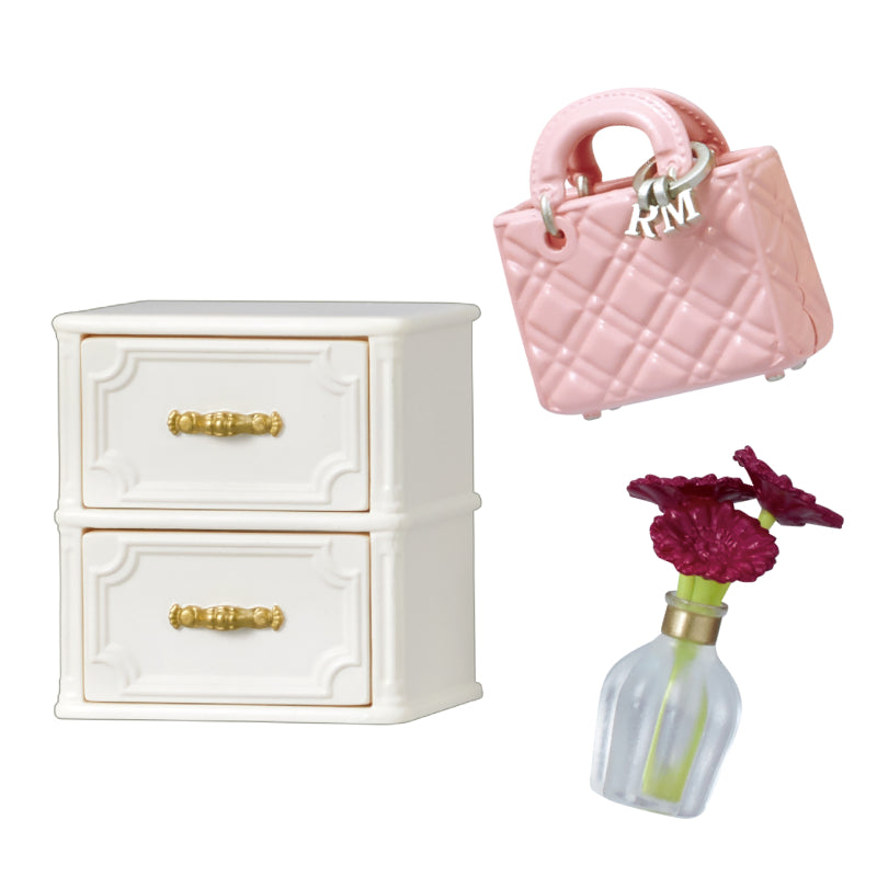 My Sweet Closet Re-ment Blind Box Series features a mini two-drawer chest, pink handbag, and vase with flowers, showcasing dollhouse-scale accessories.