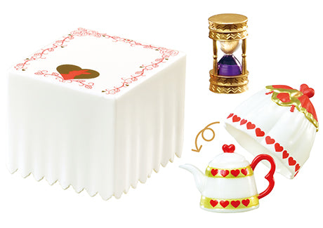 Wonderland Tea Party Mysterious Country Tea Party Re-ment Blind Box Series featuring a white teapot with red hearts and a matching cup.