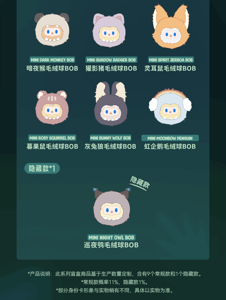 Promotional poster for Farmer BOB MINI- NIGHT Monster Blind Box Plush Keychain, showcasing seven animal-themed designs and one secret variant in a limited-run series.