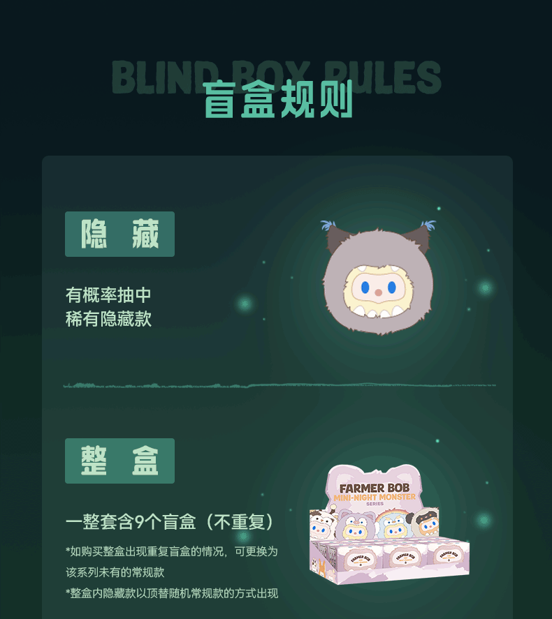 Farmer Bob Mini-Night Monster Blind Box Plush Keychain poster, detailing blind box rules and full set options with stylized monster and box visuals.