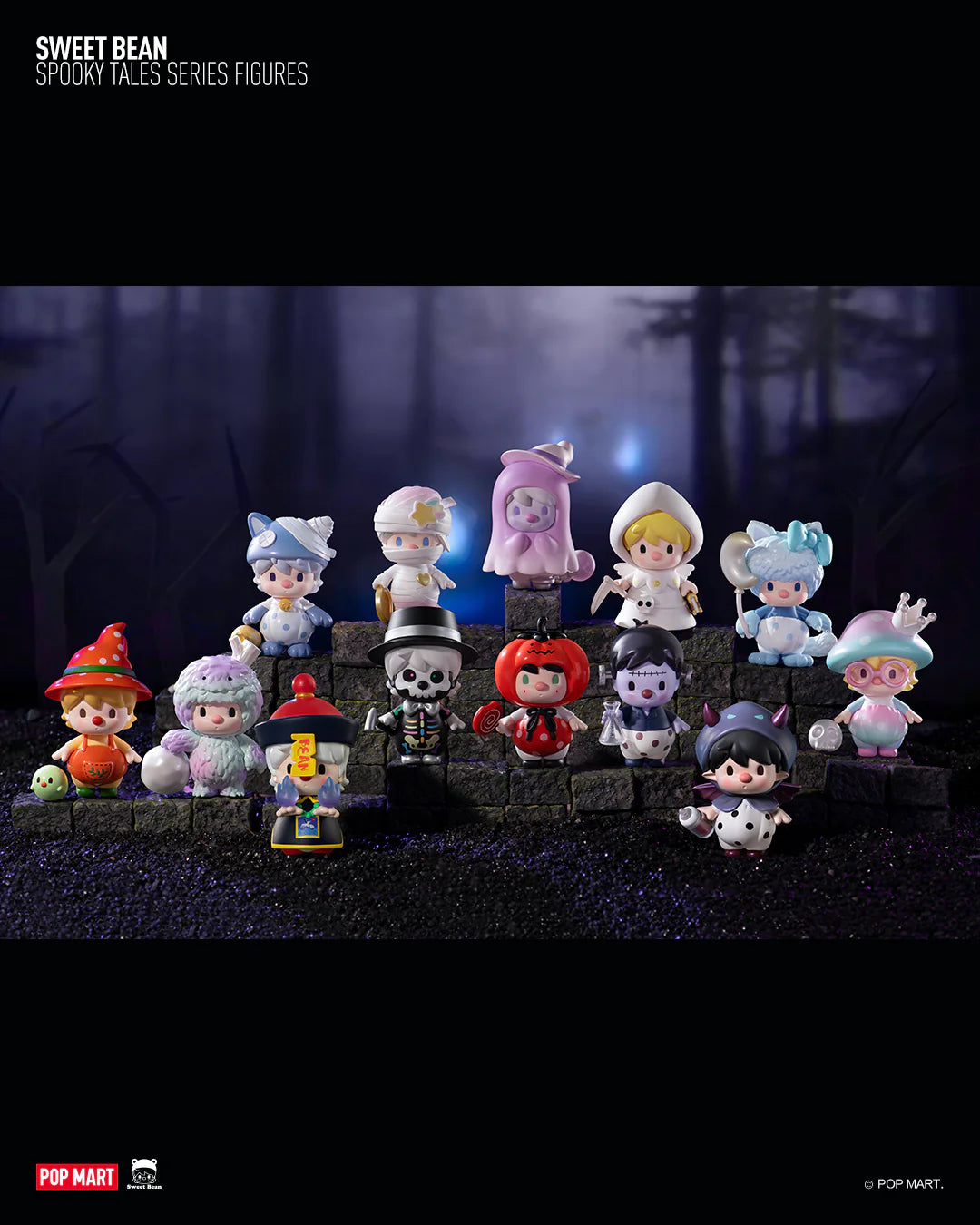 SWEET BEAN SPOOKY TALES Blind Box Series figurines: ghost, clown, doll, girl with hat and glasses, girl with mushroom hat, and more.