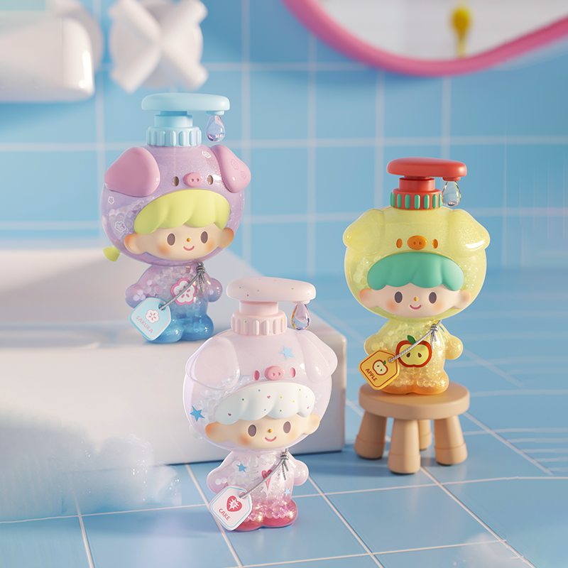 zZoton Bubble Bath Blind Box Series features kawaii-style figurine bottles with animal-ear hoods, showcased on a bathroom counter. Available for preorder at Strangecat Toys.