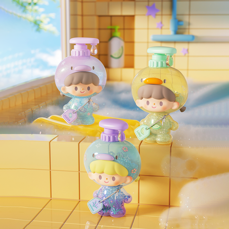 zZoton Bubble Bath Blind Box Series features toy figures with pump-bottle heads on a bathtub edge, each tagged like “Sugar” or “Lime.” Preorder for October 2025.